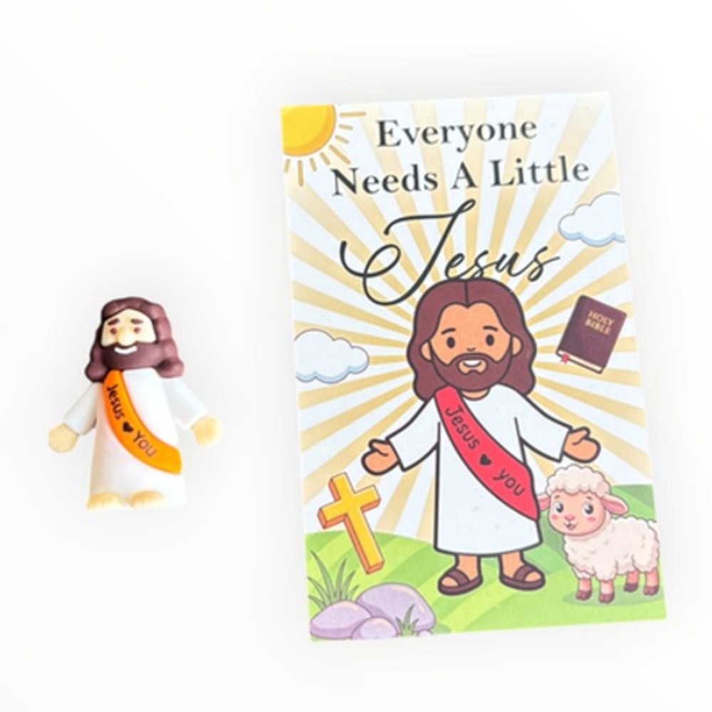 Jesus Loves You Figure w/ Little Jesus Bookmark Tract Orange Sash Religious
